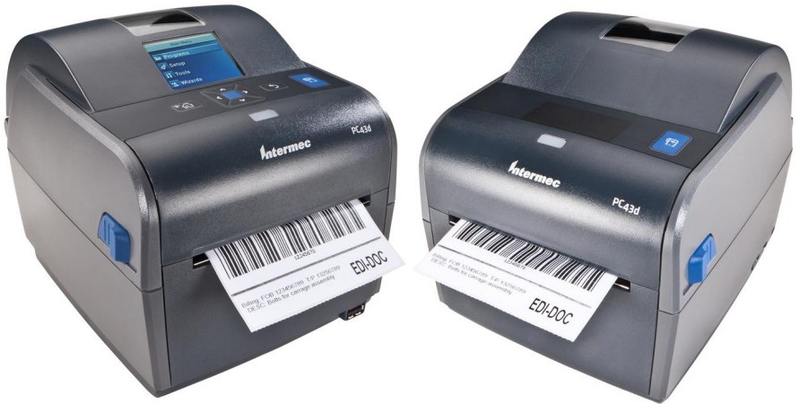 Intermec. Desktop (medium duty) thermal label printers. Intermec PC43d direct thermal barcode label printer. Up to 4" wide labels / tickets / tags. Options: Ethernet, WiFi, Bluetooth, cutter, peel, LCD display, USB host input (e.g. keyboard, scales, thumb drive files, etc.). Lowest price at barcode.co.uk
