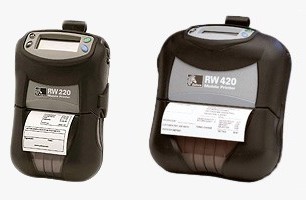 Zebra (Eltron). Mobile (on the move) portable belt thermal label printers. Zebra RW 420 / RW 220 (RW420 / RW220) 4 inch and 2 inch mobile direct thermal receipt printer paper rolls. Lowest price at barcode.co.uk