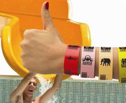 Zebra (Eltron). Tags / tickets / cards on rolls. In card, paper or synthtic plastic. Appointment cards, job cards, Tyvek, garden centre, horticulture, outdoor. With index hole or black mark. Zebra wristbands ZBand Fun, Z-Band Splash - cartridges for HC100 direct thermal printer - wristband media cartridge kit. Lowest price at barcode.co.uk